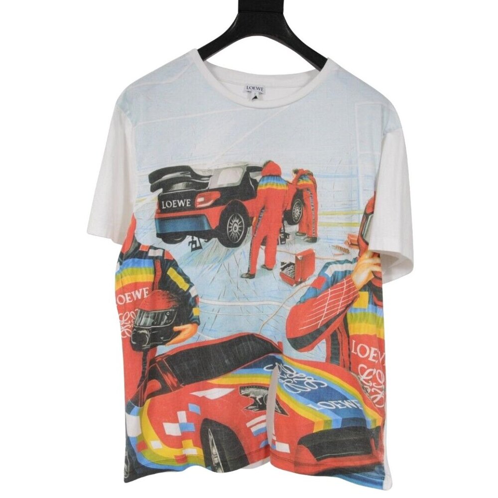 Loewe Womens Racing Nascar T Shirt Large White Blue Cotton Short Sleeve Distress